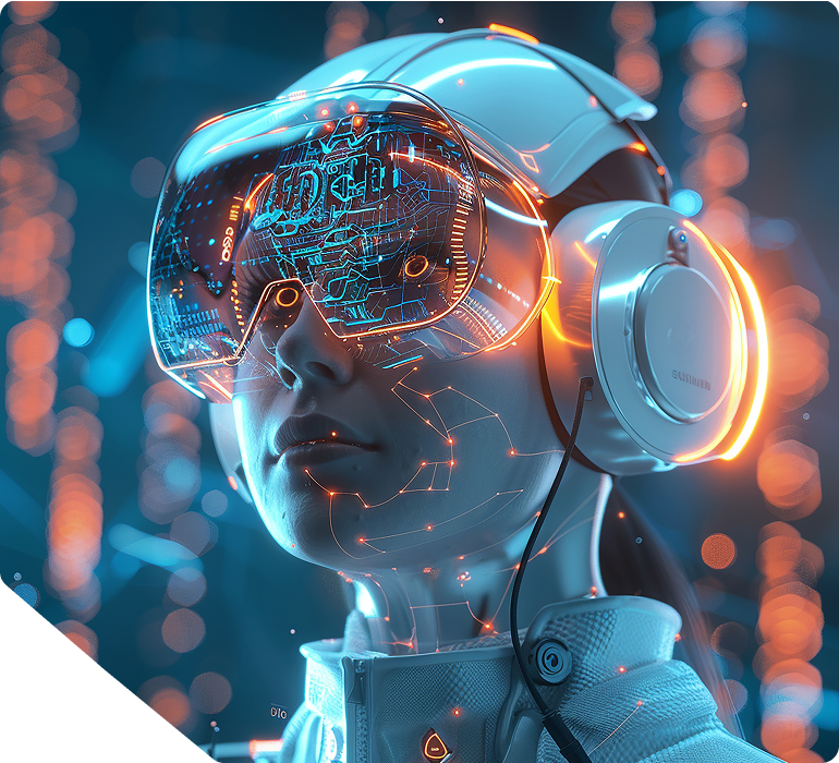 Futuristic AI technology person with VR headset and robotic suit