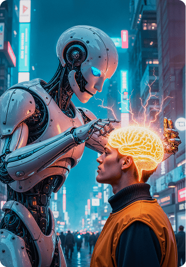 AI Circuit Board with Human and Robotic Hands